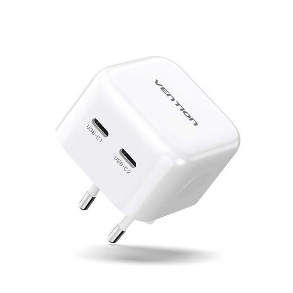 Chargeur Vention USB-C+USB-C GaN - Charge Rapide - Protections Intégrées - Compatible Plusieurs Appareils - Puissance 35W - Couleur Blanc