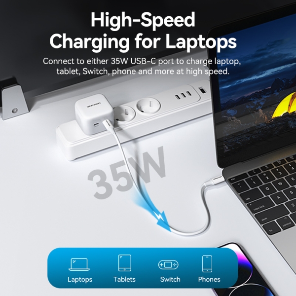 Chargeur Vention USB-C+USB-C GaN - Charge Rapide - Protections Intégrées - Compatible Plusieurs Appareils - Puissance 35W - Couleur Blanc