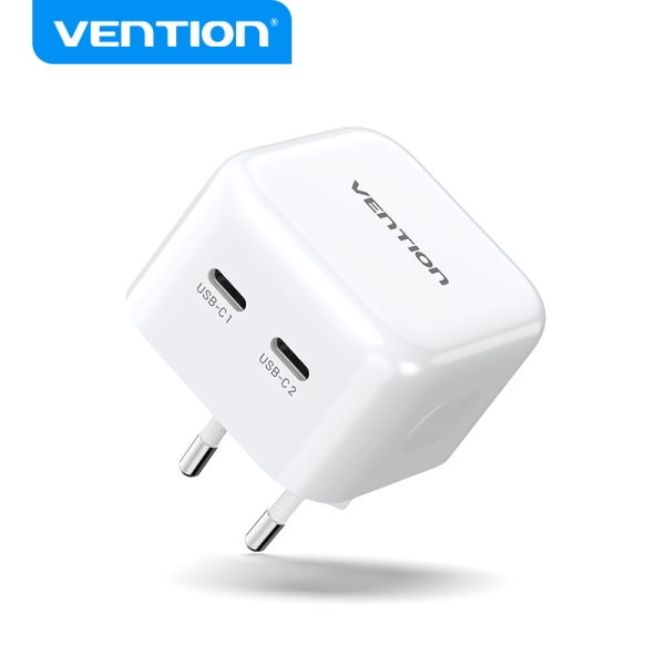 Chargeur Vention USB-C+USB-C GaN - Charge Rapide - Protections Intégrées - Compatible Plusieurs Appareils - Puissance 35W - Couleur Blanc