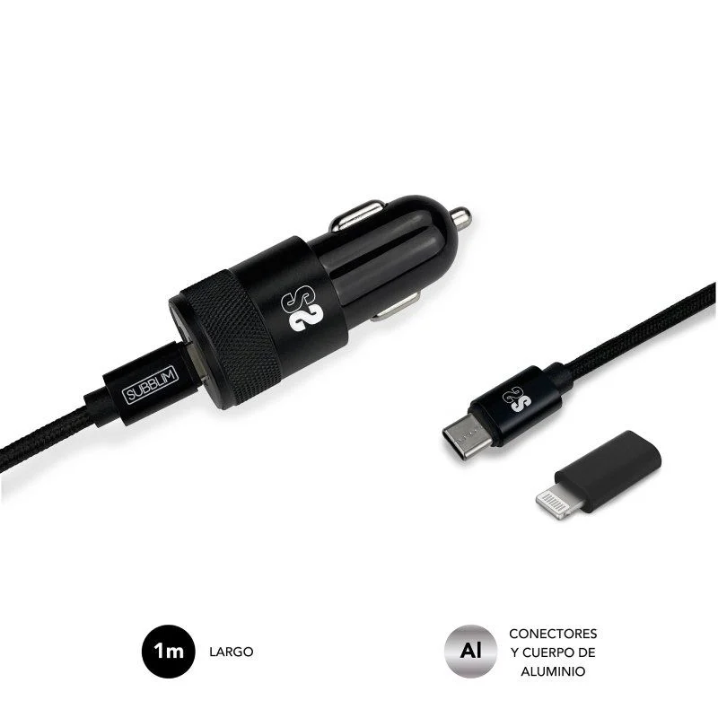 Chargeur Voiture Subblim Dual PD20W+QC3.0+Câble C vers C/Lightning - Chargement Rapide - 2 Ports USB C + USB A - Câble USB C Réversible avec adaptateur Lightning - Puissance maximale 20W - Couleur Noir