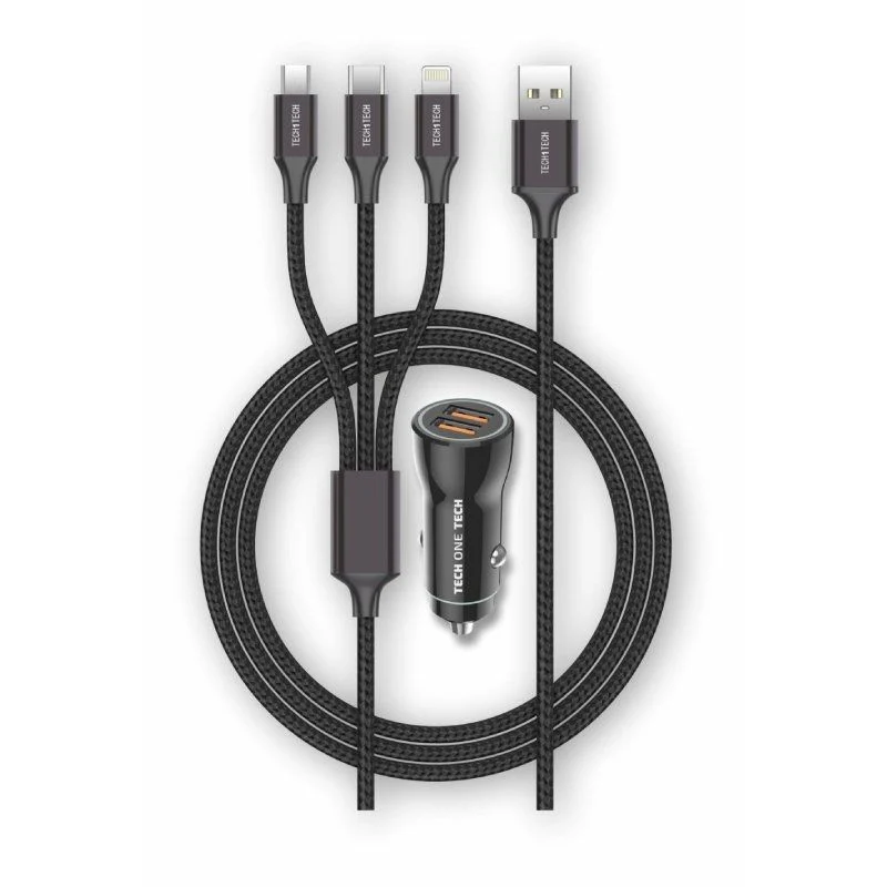 Chargeur Voiture TechOneTech 2x USB-A + Câble 3-en-1 MicroUSB, Lightning et USB-C - Noir