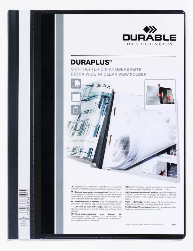 Chemise à attaches durables Duraplus - Pour format A4+ - Compartiment intérieur - Couverture arrière noire