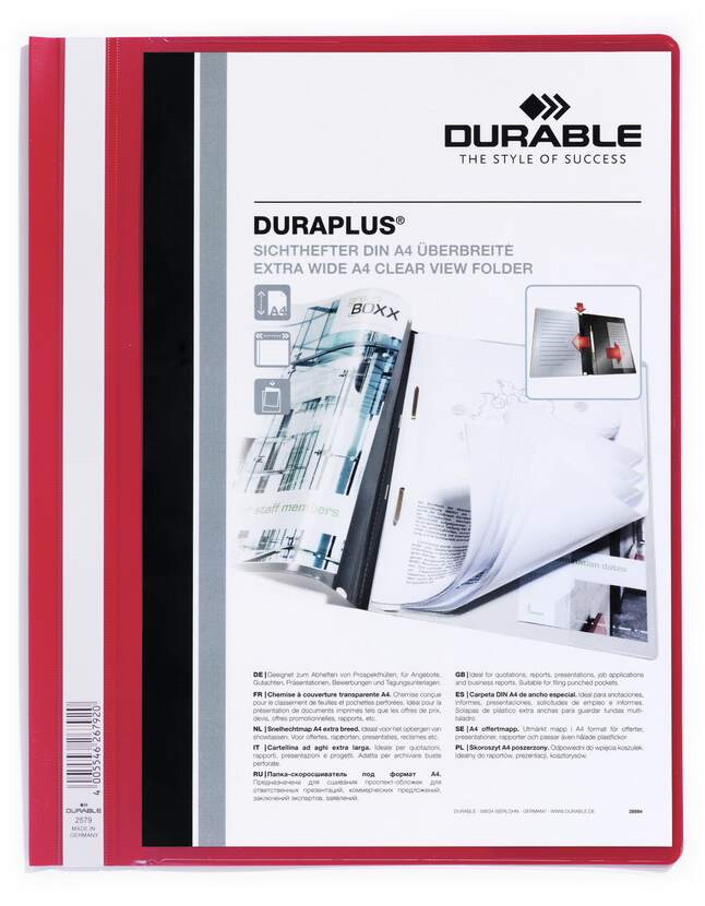 Chemise à attaches durables Duraplus - Pour format A4+ - Compartiment intérieur - Couverture arrière rouge