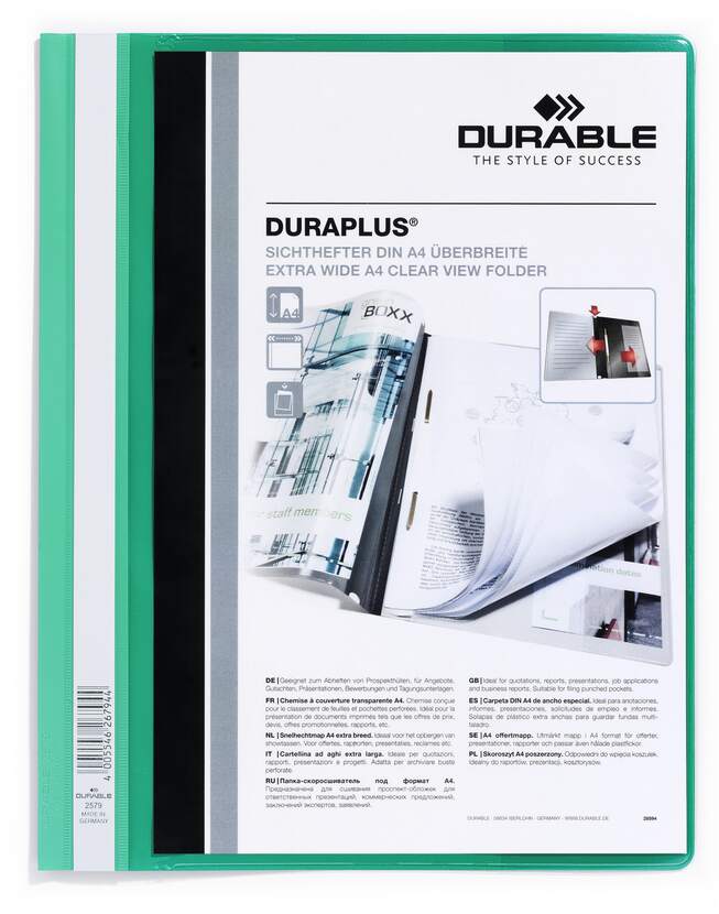 Chemise à attaches durables Duraplus - Pour format A4+ - Compartiment intérieur - Couverture arrière verte