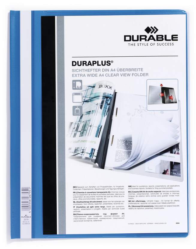 Chemise à attaches durables Duraplus - Pour format A4+ - Compartiment intérieur - Couverture arrière bleue