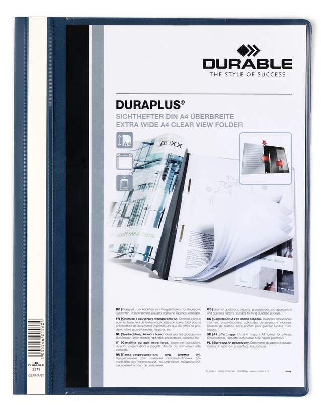 Chemise à attaches durables Duraplus - Pour format A4+ - Compartiment intérieur - Couverture arrière bleu foncé
