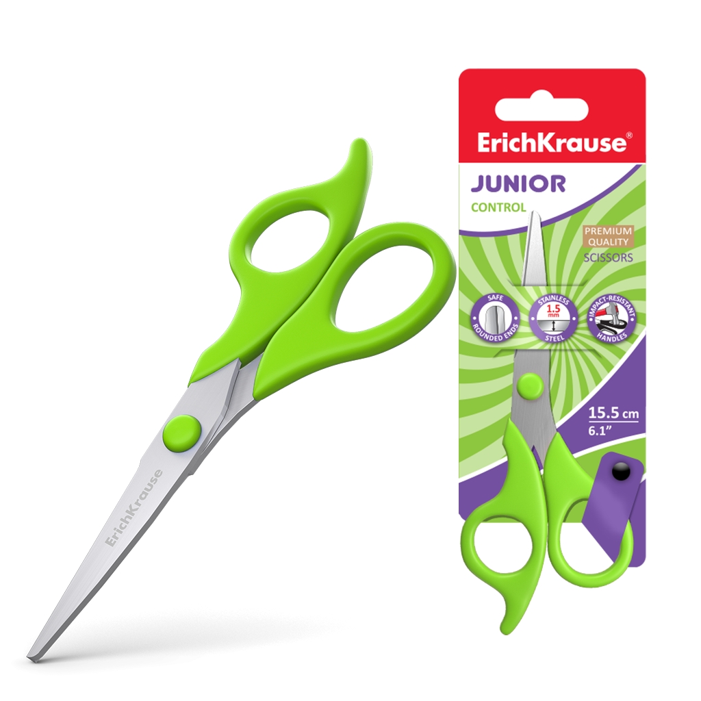 Ciseaux Erichkrause Junior Control - Lames en acier inoxydable - Extrémités arrondies - Résistant à la corrosion - Poignées ergonomiques - Couleurs assorties