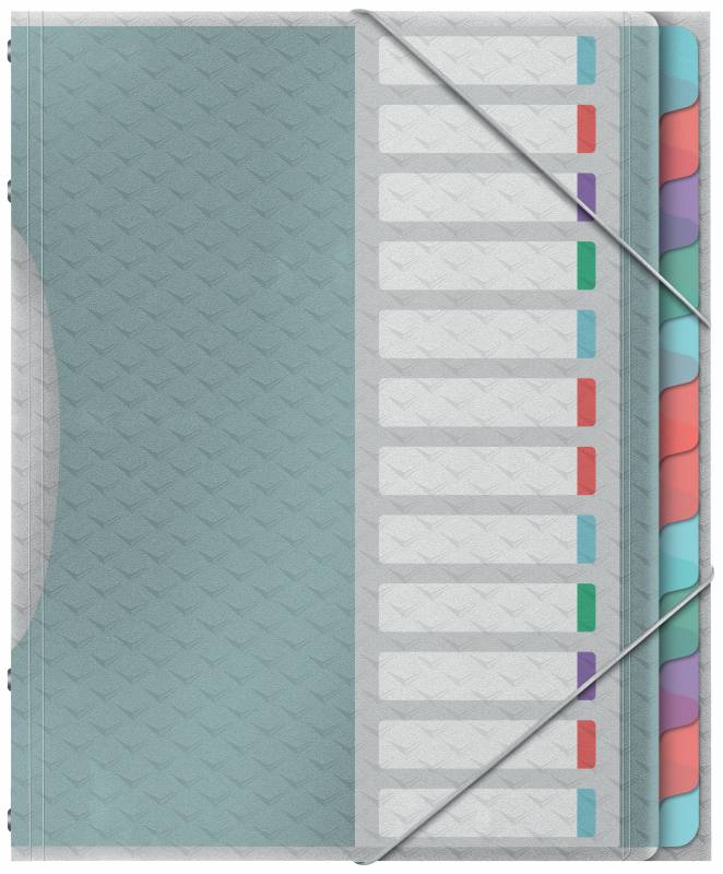 Classeur Esselte Colour'Breeze avec 12 onglets multicolores - Pour format A4 - 3 rabats sur la couverture arrière - Polypropylène gaufré - Fermeture avec caoutchouc élastique - Couleur translucide