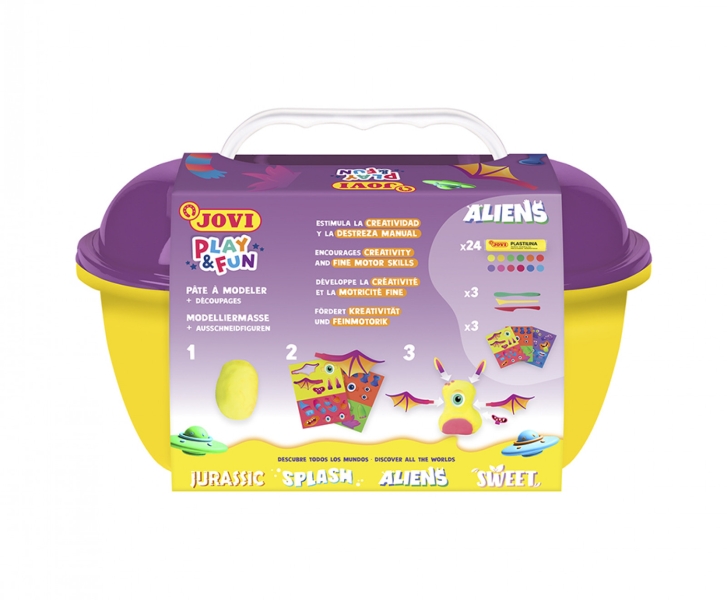 Coffre Aliens Play & Fun de Jovi avec 24 barres de pâte à modeler de 15 g + modeleurs + découpes - Sans gluten - Base végétale - Ne sèche pas - Couleurs assorties