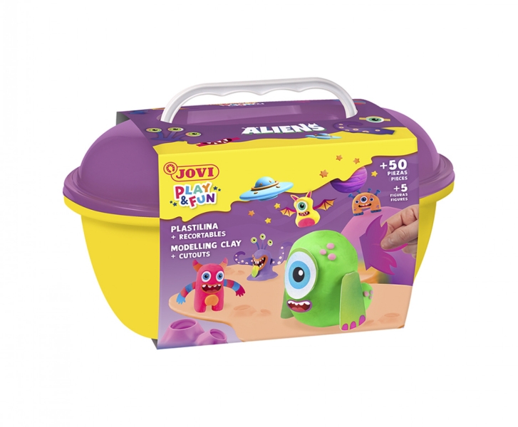 Coffre Aliens Play & Fun de Jovi avec 24 barres de pâte à modeler de 15 g + modeleurs + découpes - Sans gluten - Base végétale - Ne sèche pas - Couleurs assorties