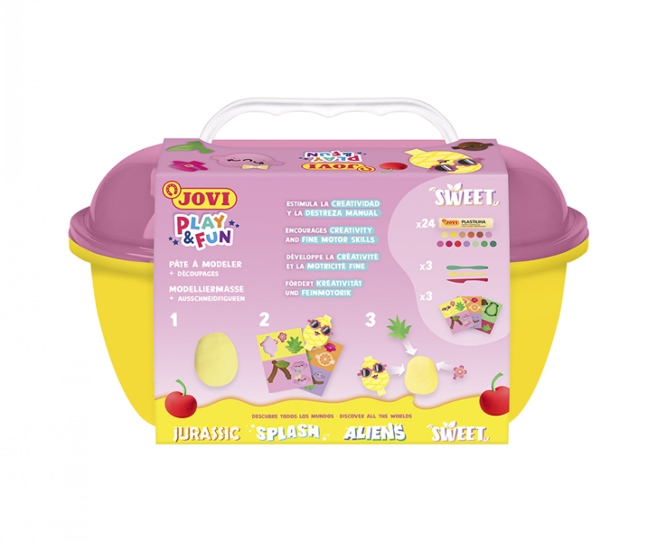 Coffret à bonbons Jovi Play & Fun avec 24 barres de pâte à modeler de 15 g + modeleurs + découpes - Sans gluten - Base végétale - Ne sèche pas - Couleurs assorties