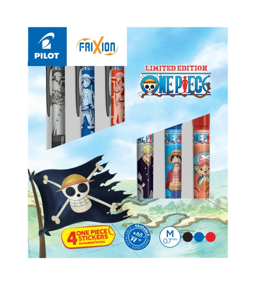 Coffret collector Pilot One Piece avec 3 stylos Frixion Ball + 3 stylos Frixion Ball Plus + 4 autocollants gratuits - Effaçables - Rechargeables - Couleurs assorties