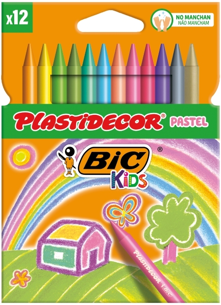 Coffret de 12 crayons de cire Bic Kids Plastidecor Pastel - Extra Forts - Faciles à tailler - Sans bavures - Couleurs pastel assorties