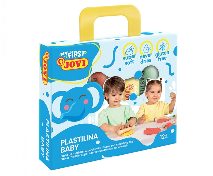 Coffret de 4 tablettes de pâte à modeler Jovi My First Plasticine 38 gr - Super Soft - Stimule la créativité et la sensibilité tactile - Renforce les muscles des mains et des doigts - Couleurs assorties