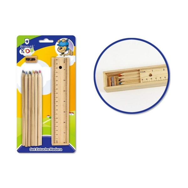 Coffret scolaire Bismark avec étui en bois avec couvercle, règle, 12 crayons de couleur et taille-crayon