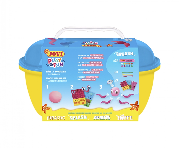 Coffret Splash Jovi Play & Fun avec 24 barres de pâte à modeler de 15 g + modeleurs + découpes - Sans gluten - Base végétale - Ne sèche pas - Couleurs assorties
