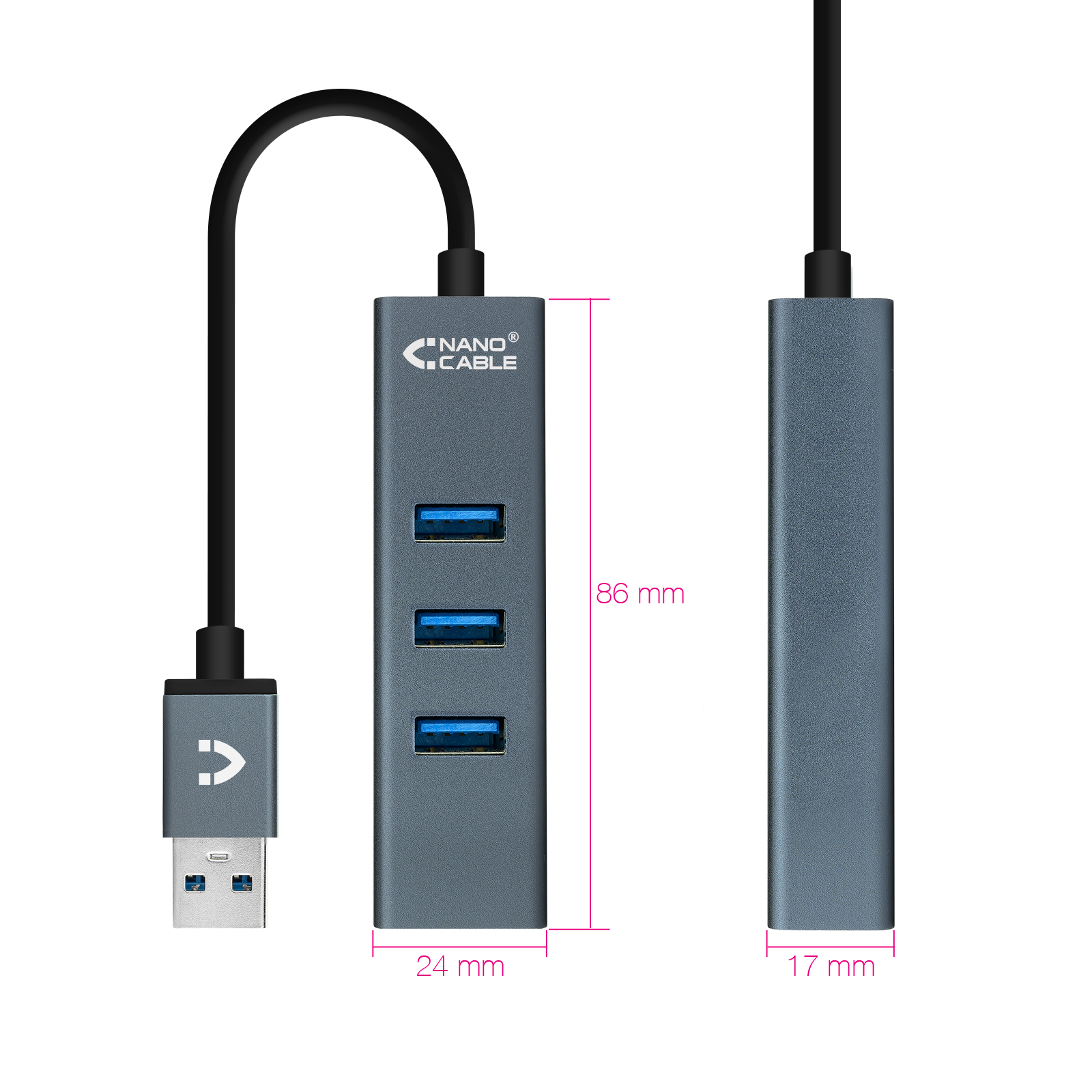 Concentrateur Nanowire USB 3.0 4xUSB3.0. USB-A/M-USB 3.0/H - Aluminium - 10 cm - Couleur Gris