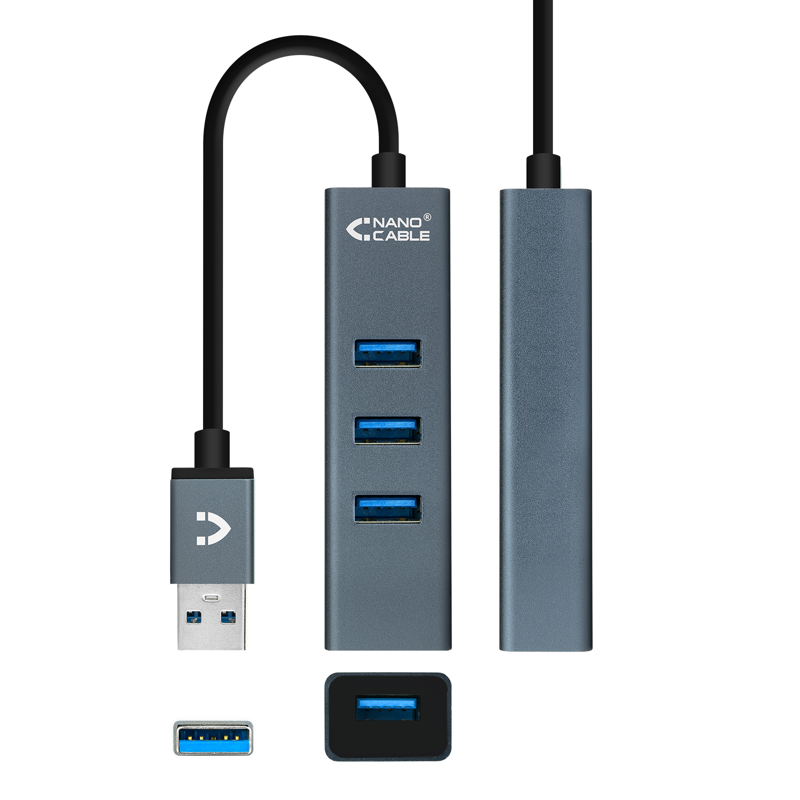 Concentrateur Nanowire USB 3.0 4xUSB3.0. USB-A/M-USB 3.0/H - Aluminium - 10 cm - Couleur Gris
