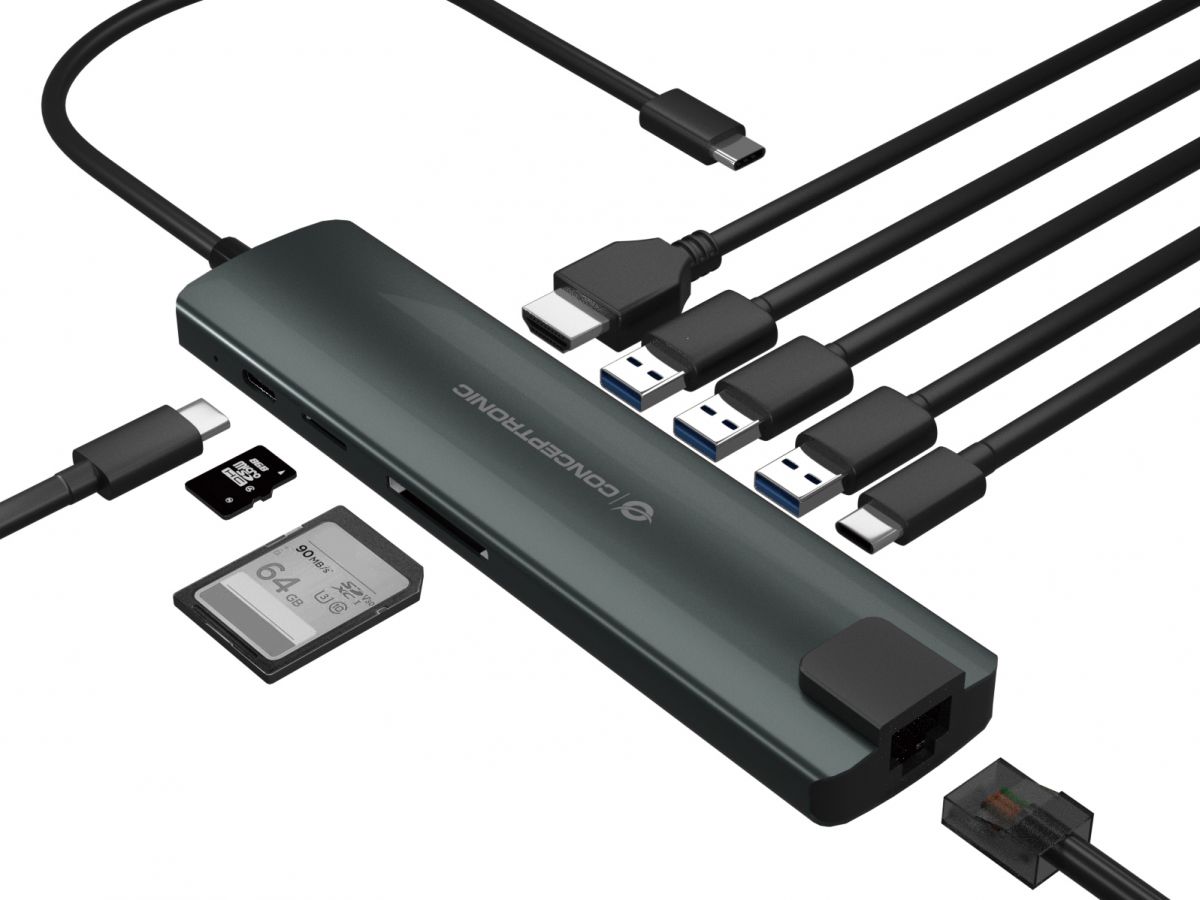 Conceptronic DONN06G Station d'accueil USB-C 9 en 1 avec 1x HDMI, 1x USB-C PD, 1x USB-C Data, 3x USB 3.0, 1x SD, 1x MicroSD/TF, 1x Gigabit LAN