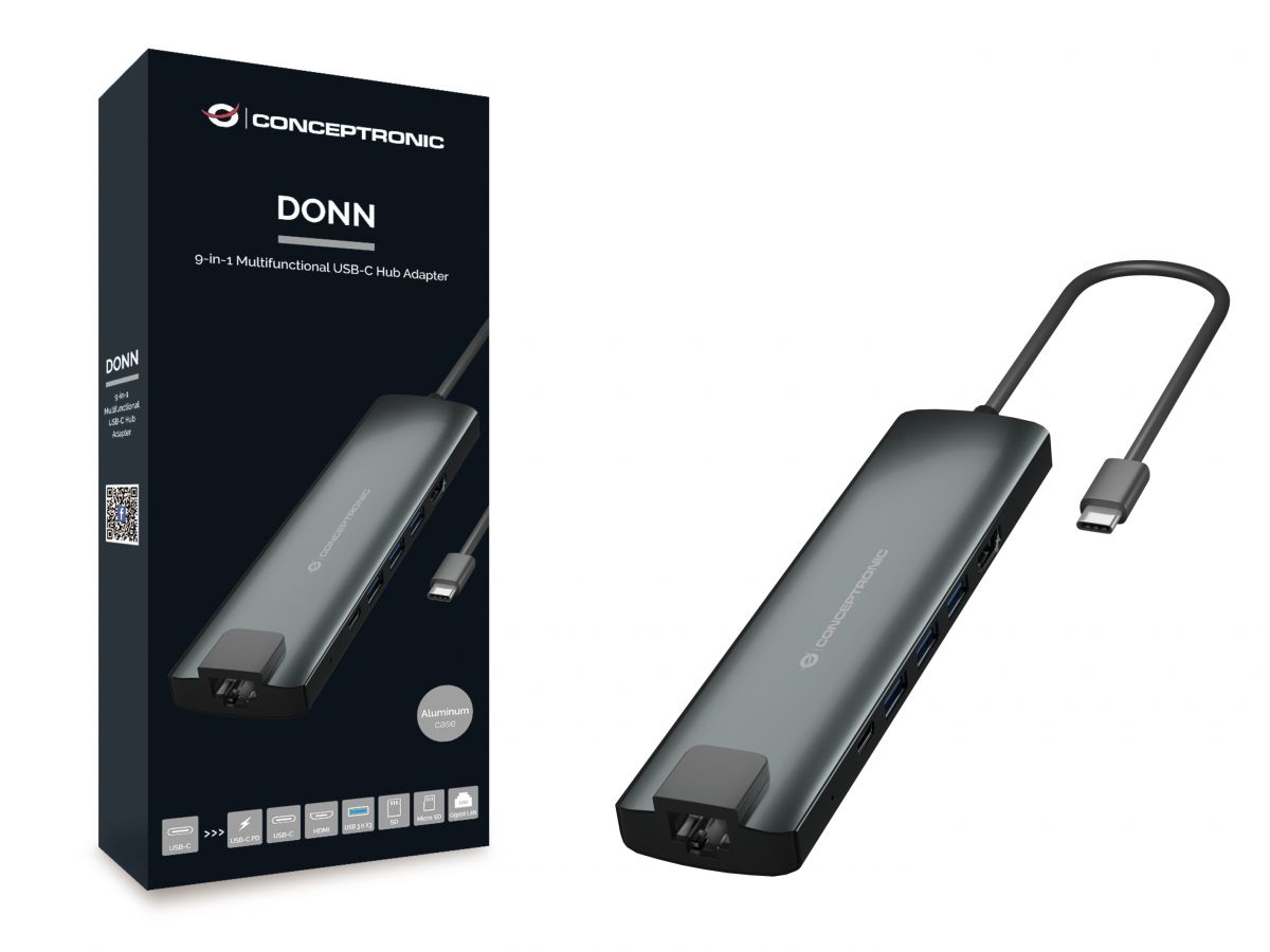 Conceptronic DONN06G Station d'accueil USB-C 9 en 1 avec 1x HDMI, 1x USB-C PD, 1x USB-C Data, 3x USB 3.0, 1x SD, 1x MicroSD/TF, 1x Gigabit LAN