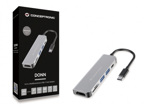 Conceptronic Hub Extender USB-C 6-en-1 - HDMI / USB-C PD/ USB 3.0 - Lecteur de carte SD / Micro SD / TF - 5Gbps - Noir