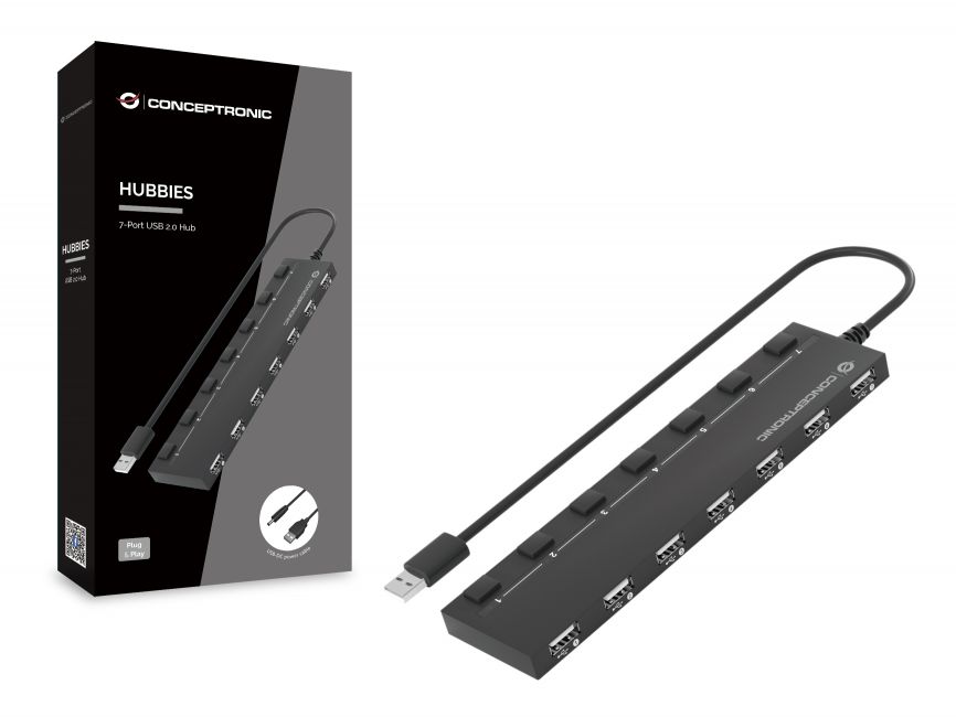 Conceptronic Hub USB-A 2.0 avec 7x USB-A 2.0 - Commutateurs d'alimentation individuels - Base magnétique