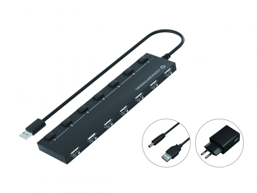 Conceptronic Hub USB-A 2.0 avec 7x USB-A 2.0 - Interrupteurs d'alimentation individuels - Base magnétique - Adaptateur secteur inclus