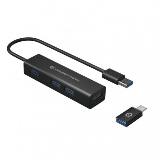 Conceptronic Hub USB-A 3.0 avec 4x USB-A 3.0 + adaptateur USB-C - Boîtier en aluminium