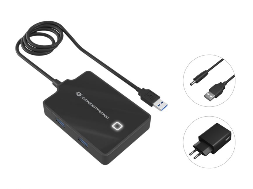 Conceptronic Hub USB-A 3.0 avec 4x USB-A 3.0 - Câble de 0,90 m - Adaptateur secteur inclus