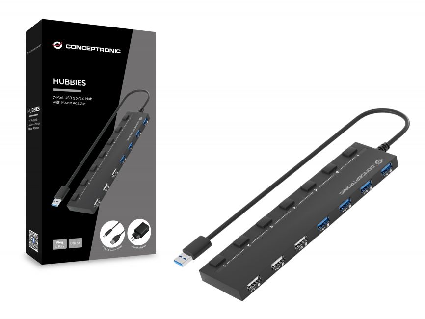 Conceptronic Hub USB-A 3.0 avec 4x USB-A 3.0 et 3x USB-A 2.0 - Interrupteurs d'alimentation individuels - Base magnétique - Adaptateur secteur inclus