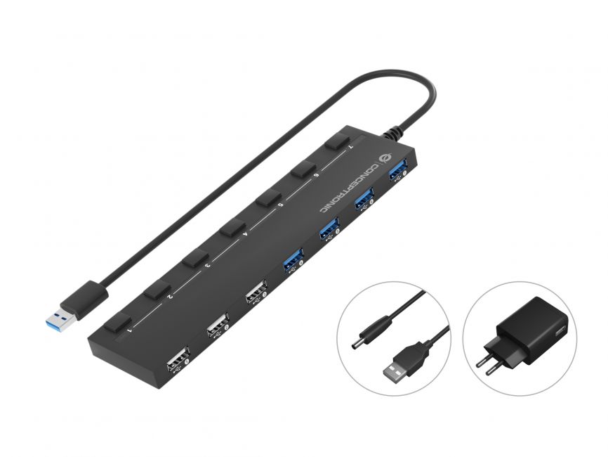 Conceptronic Hub USB-A 3.0 avec 4x USB-A 3.0 et 3x USB-A 2.0 - Interrupteurs d'alimentation individuels - Base magnétique - Adaptateur secteur inclus