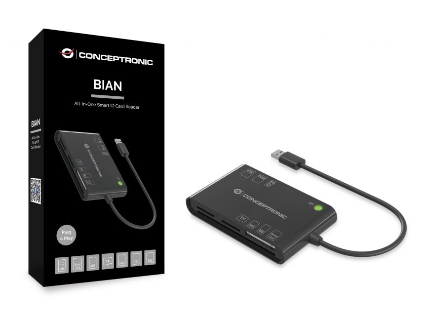 Conceptronic USB-A Smart ID Card Reader Compatible avec SD / SDHC / SDXC, Micro SD / T-Flash, MMC, MS, M2, SIM et Smart Card