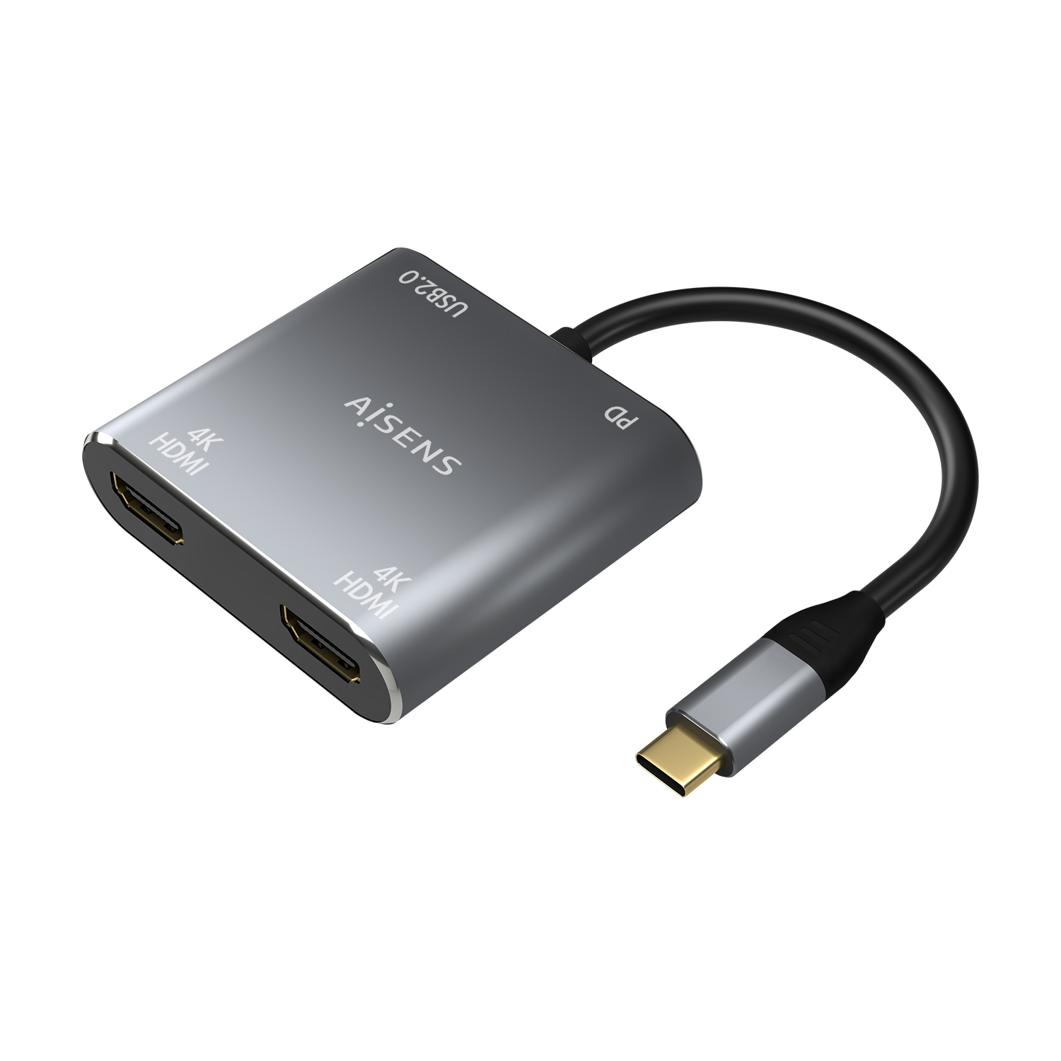 Convertisseur Aisens USB-C vers 2xHDMI 4K SST MST/USB2.0/USB-C PD 60W - USB-C/M-2xHDMI/H-USB-A/H-USB-C/H - 15CM - Couleur Gris