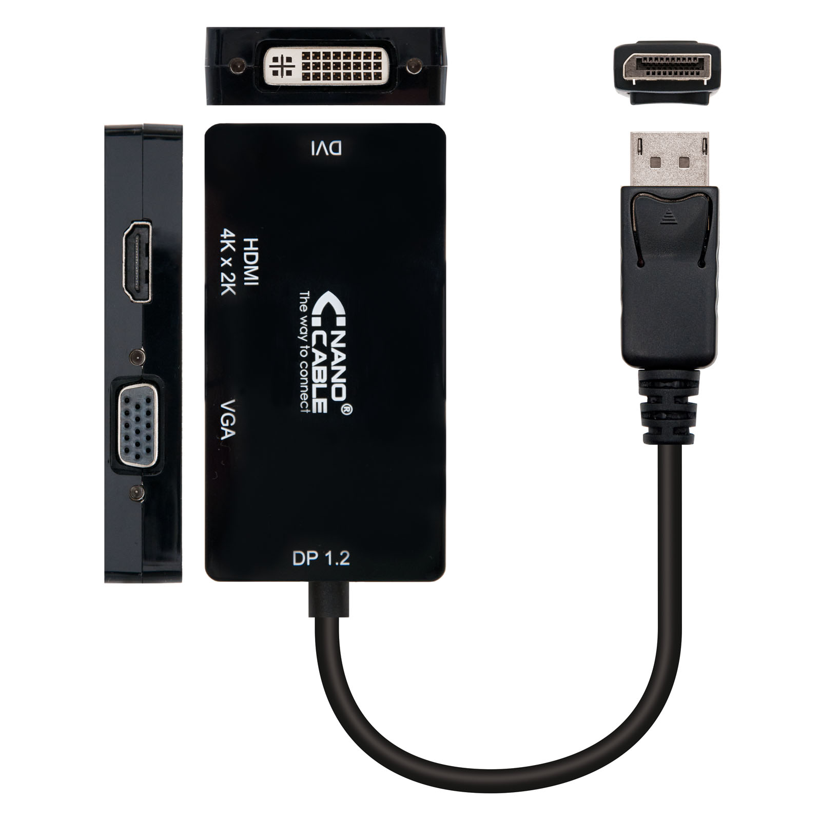 Convertisseur Nanocable Displayport vers VGA / DVI / HDMI - 3 en 1 - DP 1.2/M-VGA/H-DVI/H-HDMI/H 4K - 15 cm - Couleur Noir