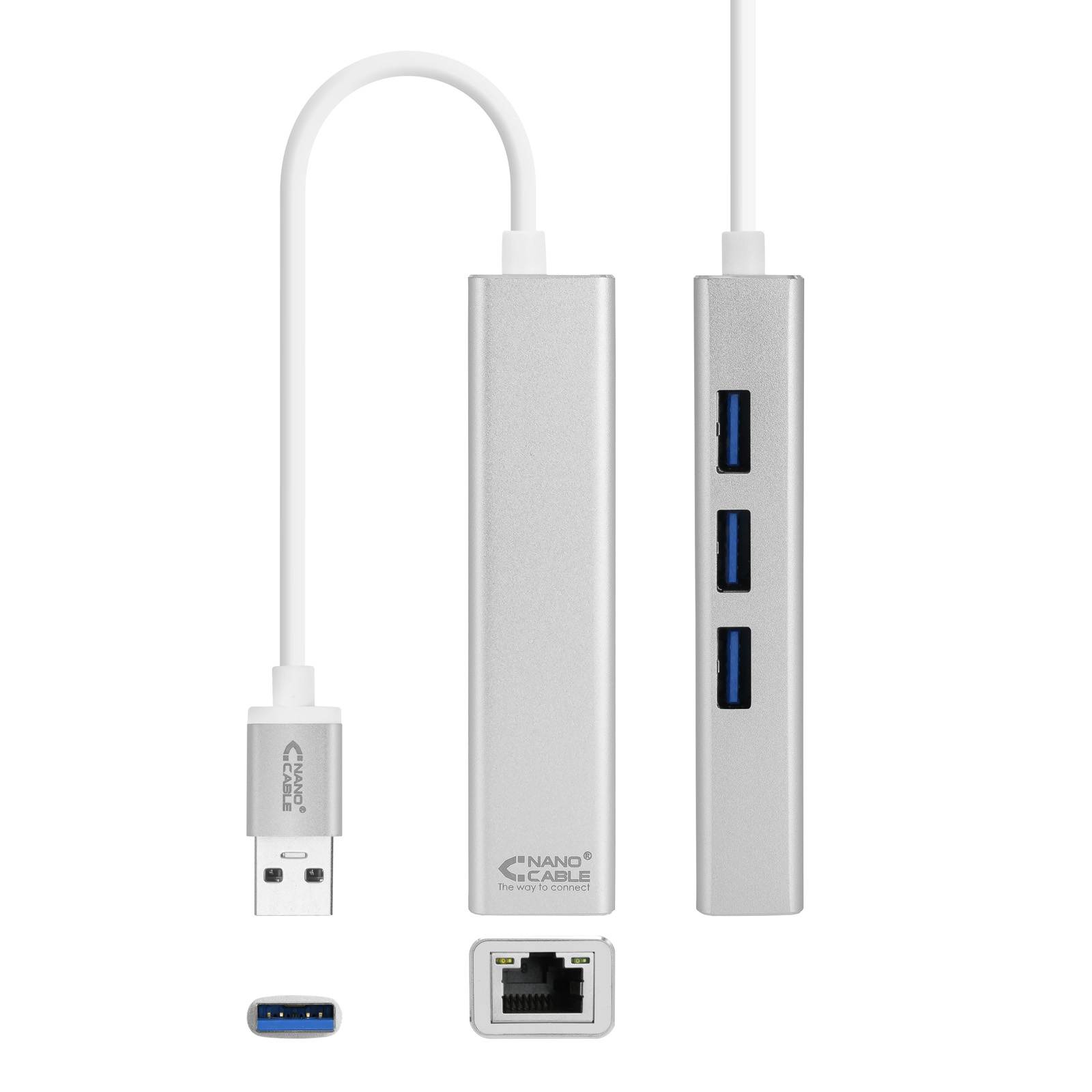 Convertisseur Nanocâble USB 3.0 vers Gigabit Ethernet + 3xUSB 3.0 - Aluminium - 15 cm - Couleur Argent
