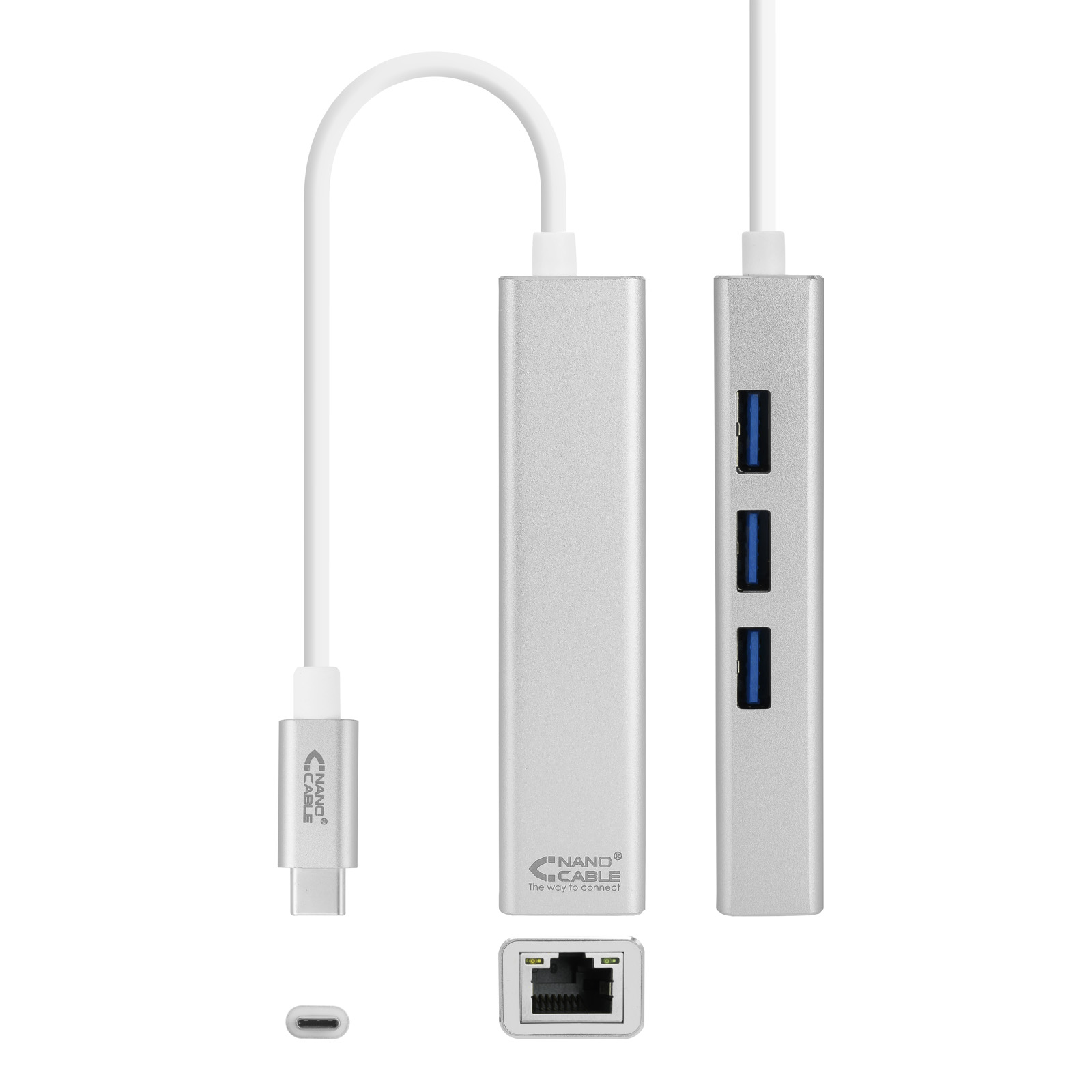 Convertisseur Nanocable USB-C vers Gigabit Ethernet + 3xUSB 3.0 - Aluminium - 15 cm - Couleur Argent