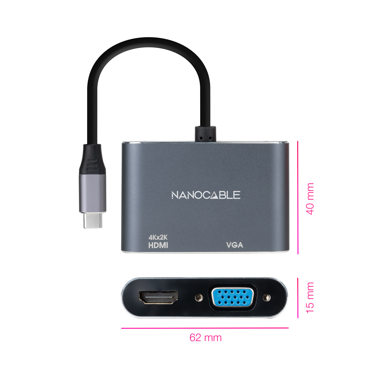 Convertisseur Nanocable USB-C vers HDMI 4K et VGA - Couleur grise