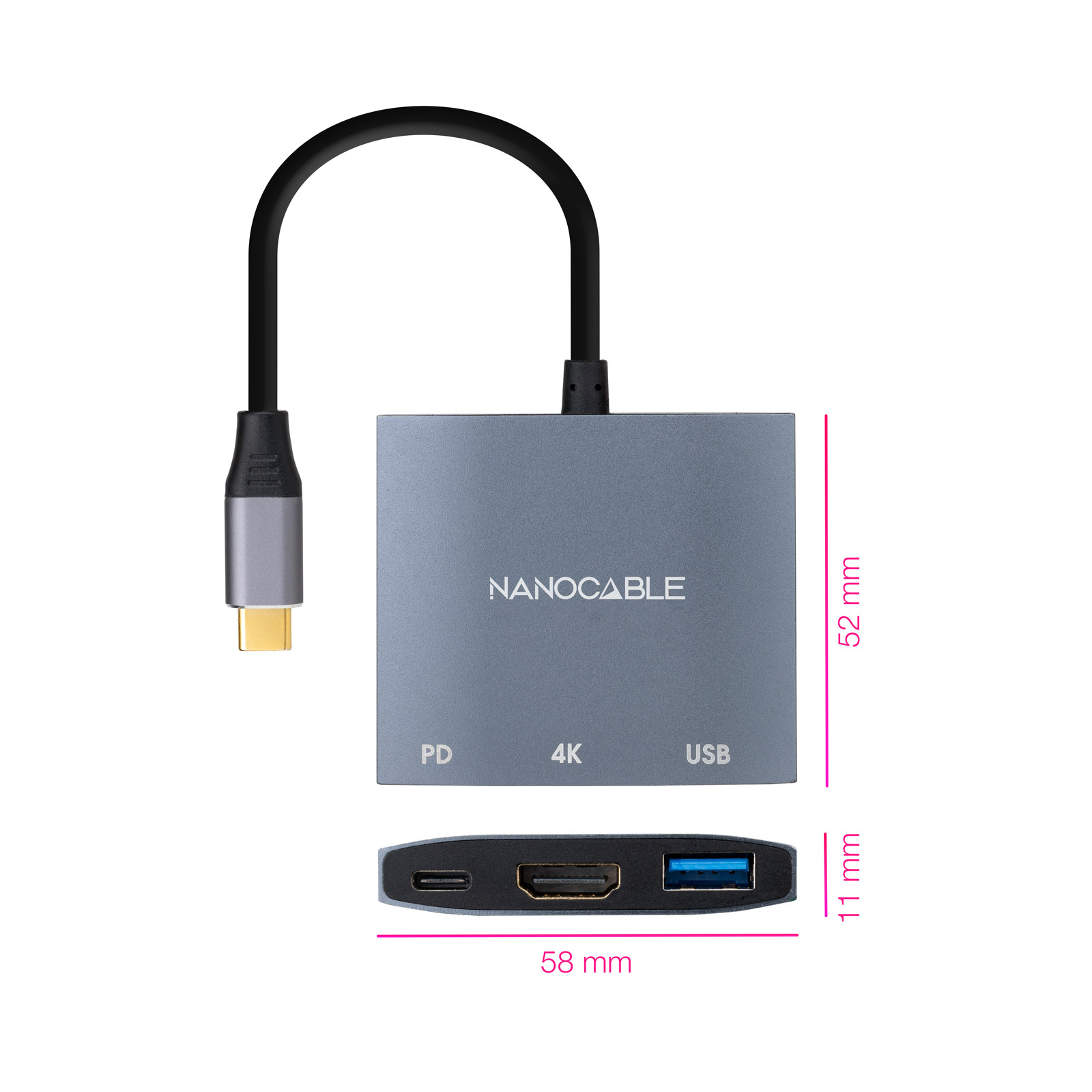 Convertisseur Nanocable USB-C vers HDMI, USB3.0 et USB-C PD - Couleur grise