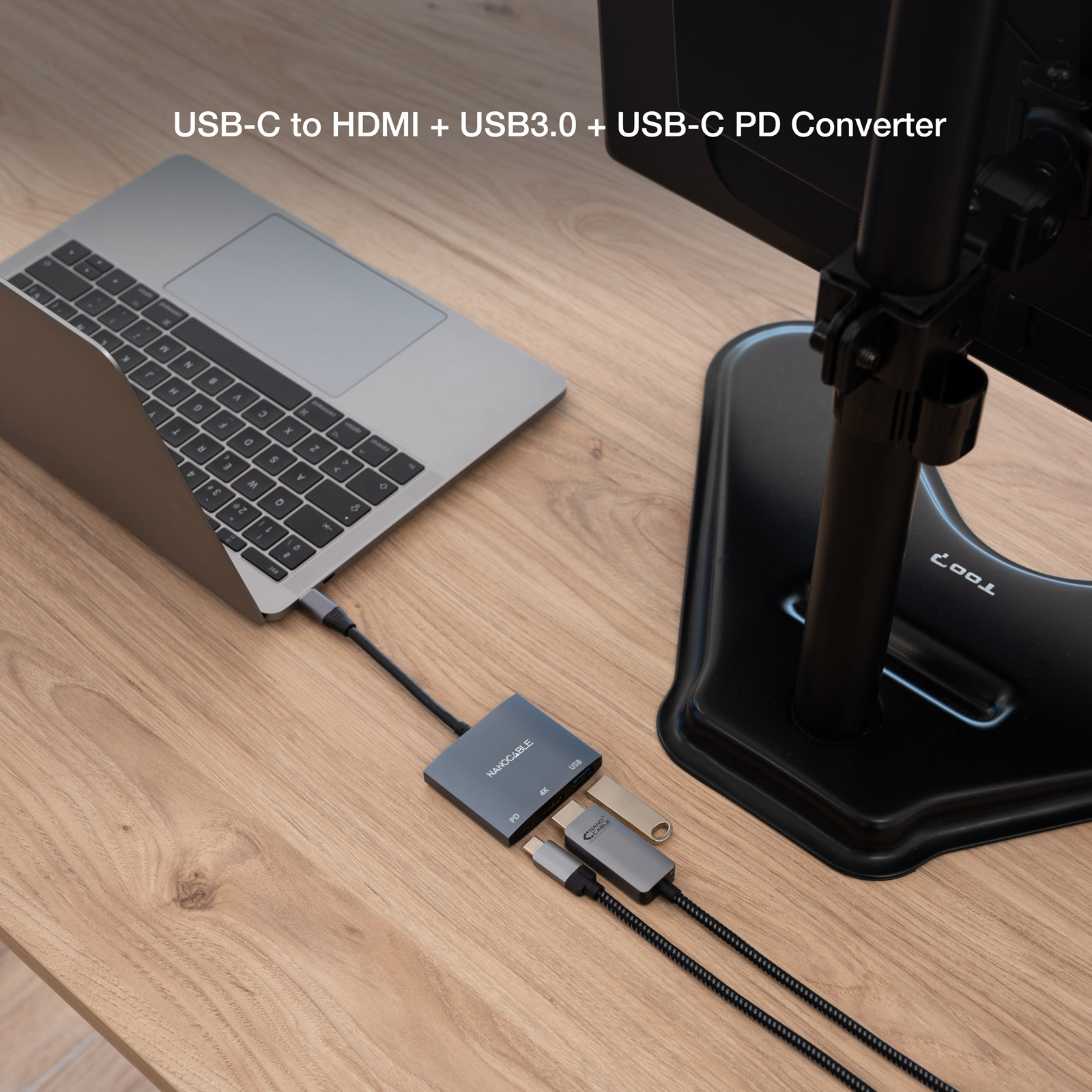Convertisseur Nanocable USB-C vers HDMI, USB3.0 et USB-C PD - Couleur grise