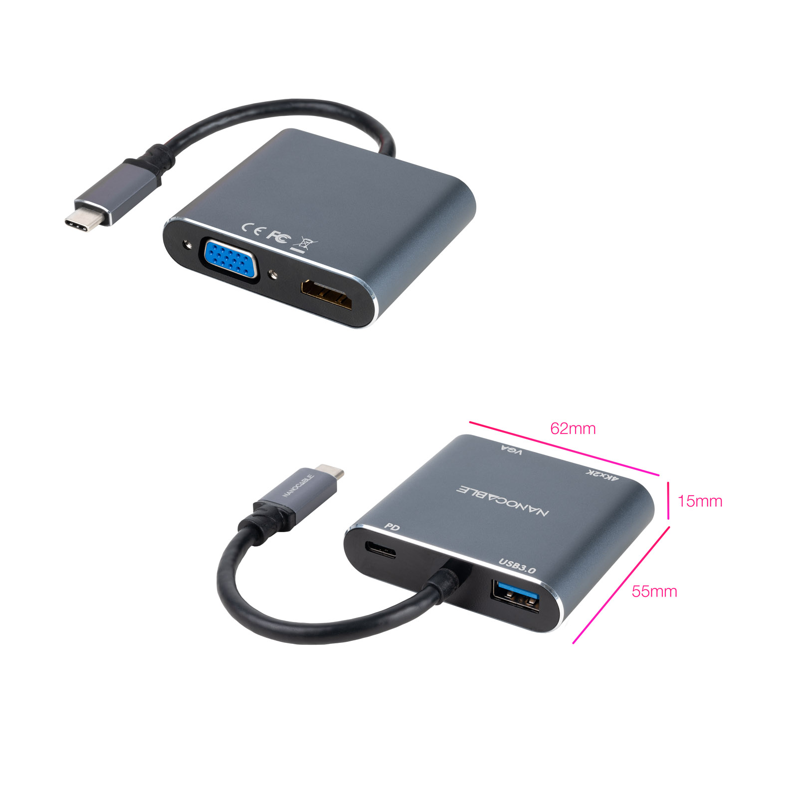 Convertisseur Nanocable USB-C vers HDMI, VGA, USB 3.0 et USB-C PD - Longueur de câble 15cm - Couleur Gris