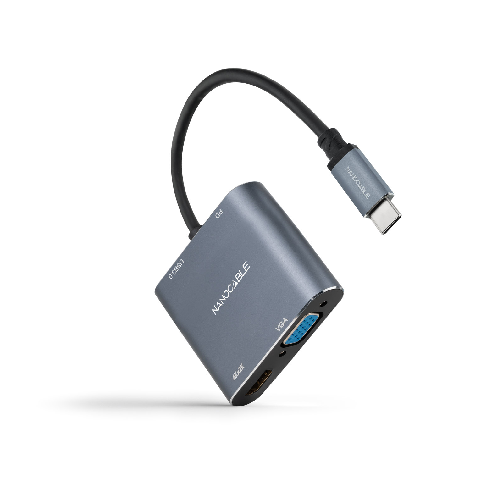 Convertisseur Nanocable USB-C vers HDMI, VGA, USB 3.0 et USB-C PD - Longueur de câble 15cm - Couleur Gris