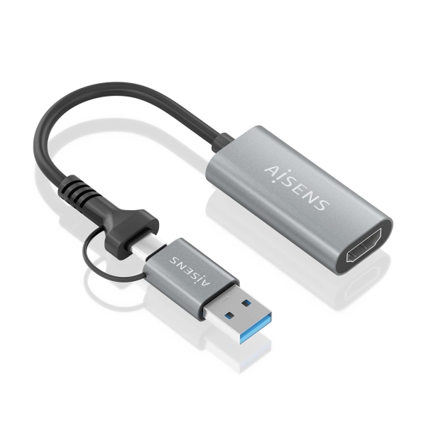 Convertisseur USB-A+USB-C vers HDMI Aisens Aluminium 1080P@60HZ - USB-A/M+USB-C/M-HDMI/H - 15cm - Gris