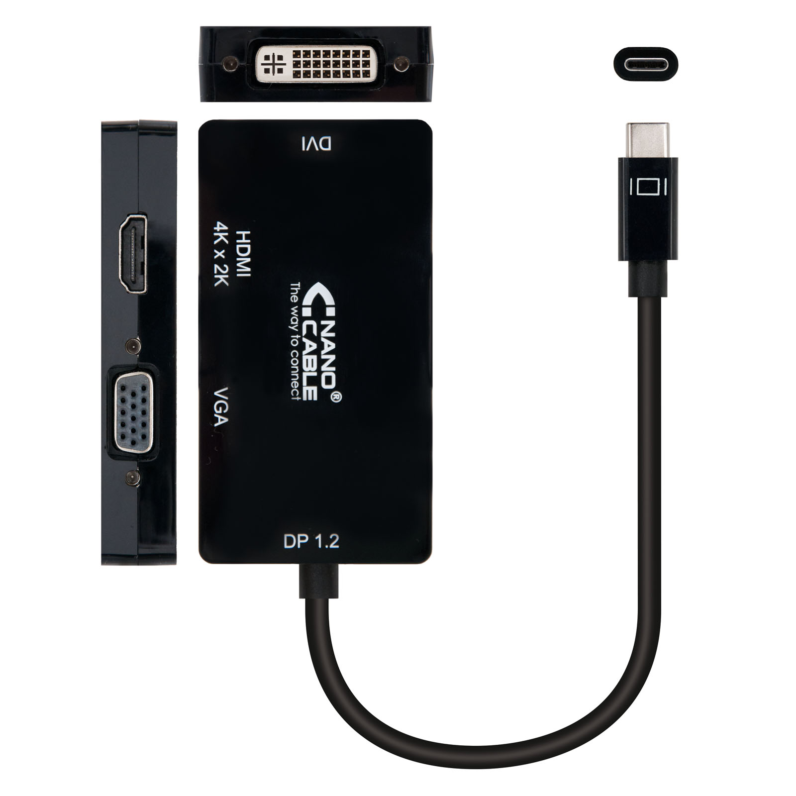 Convertisseur USB-C vers SVGA / DVI / HDMI Nanocable - 3 en 1. USB-C/M-VGA/H-DVI/H-HDMI/H 4K - 10 cm - Couleur Noir