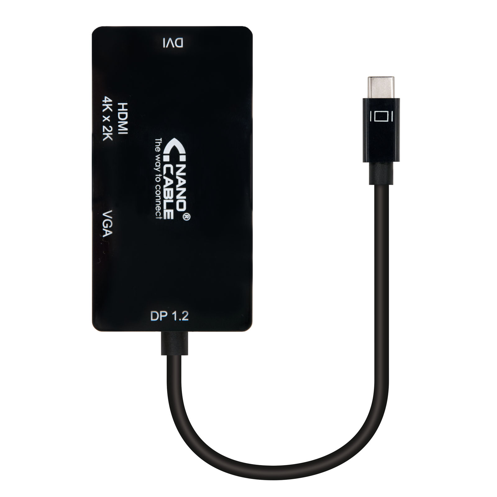 Convertisseur USB-C vers SVGA / DVI / HDMI Nanocable - 3 en 1. USB-C/M-VGA/H-DVI/H-HDMI/H 4K - 10 cm - Couleur Noir
