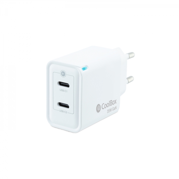 Coolbox Chargeur Mural GaN 35W USB-C/USB-C Charge Rapide - Compact - Technologie GaN - Double Port USB-C - Couleur Blanc
