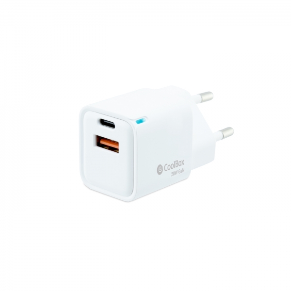 Coolbox GaN Chargeur Mural 20W USB-C/USB-A Charge Rapide - Compact - Double USB - Efficacité Énergétique - Couleur Blanc
