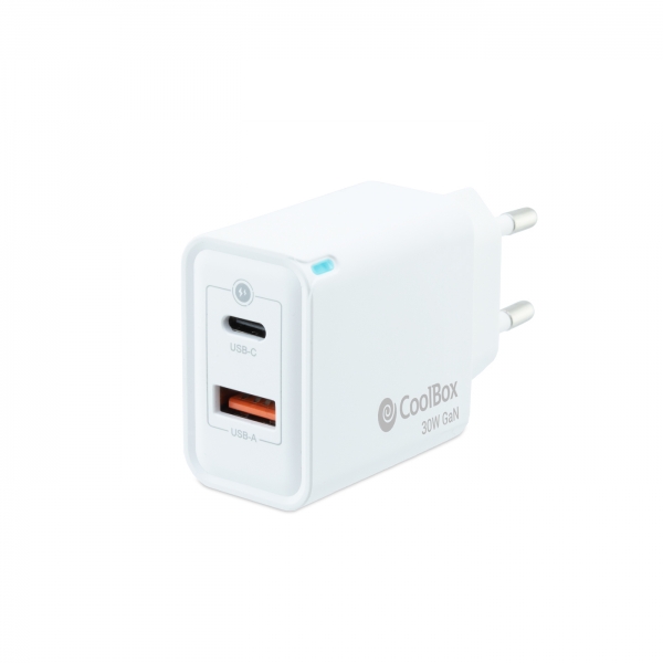 Coolbox GaN Chargeur Mural 30W USB-C/USB-A Charge Rapide - Compact - Double USB - Efficacité Énergétique. - Couleur blanche