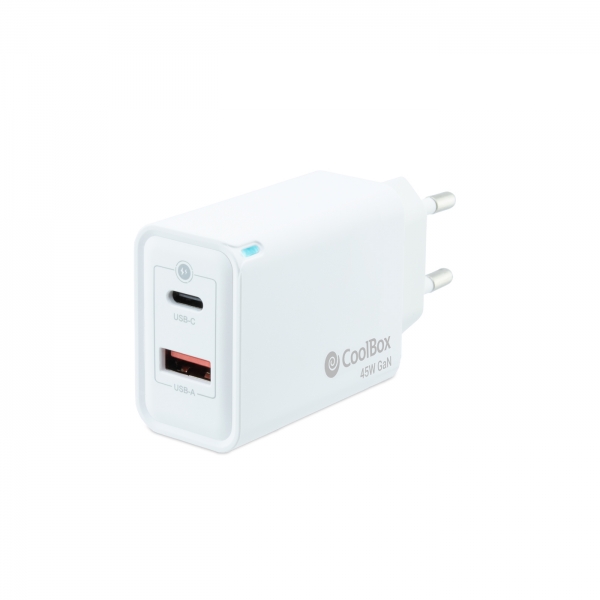 Coolbox GaN Chargeur Mural 45W USB-C/USB-A Charge Rapide - Compact - Compatible avec Plusieurs Appareils - Technologie GaN Avancée - Couleur Blanc