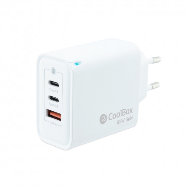 Coolbox GaN Wall Charger 65W USB-C/USB-C/USB-A Charge rapide - Technologie GaN - Compatible avec plusieurs appareils - Design compact. - Couleur blanche