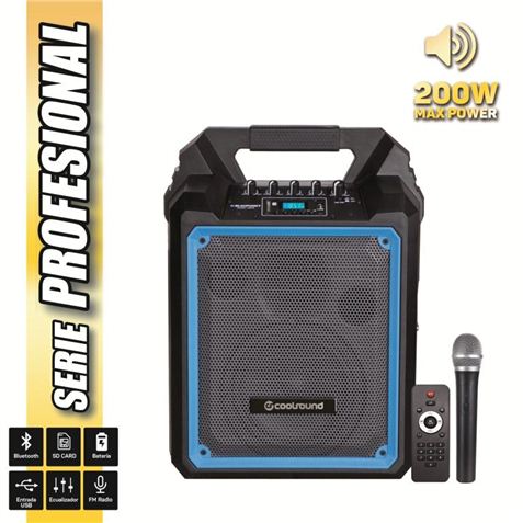 Coolsound Pro 200 Enceinte Bluetooth Auto-alimentée 200W 6.5" 60W RMS avec Batterie - USB, SD, Entrée Micro Jack 6.3mm - 1 Microphone Pro Cool Series - Autonomie jusqu'à 3.5h - Poignée de Transport - Télécommande